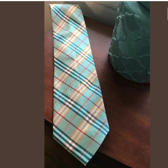 👔BURBERRY Silk Neck Tie Plaid Turquoise Green